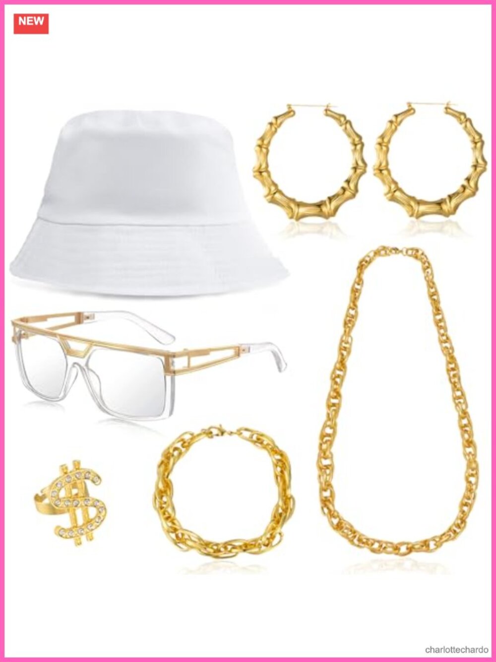 Hip Hop Costume Kit 80s 90s Rapper Gold Plated Chain Necklace Bucket Cap